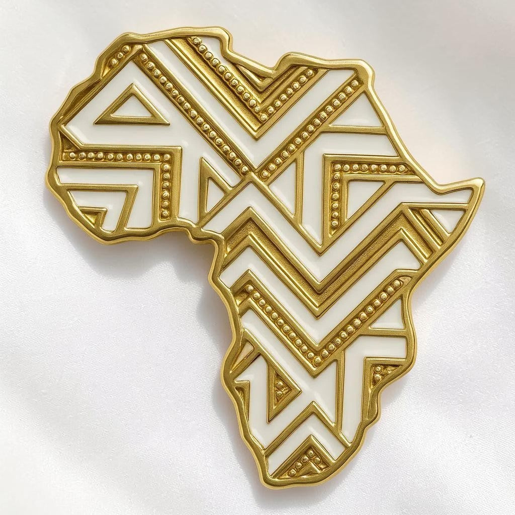 Broche Renaissance Ébène Olà en forme de carte d'Afrique, motif géométrique doré et émail blanc, style élégant.
