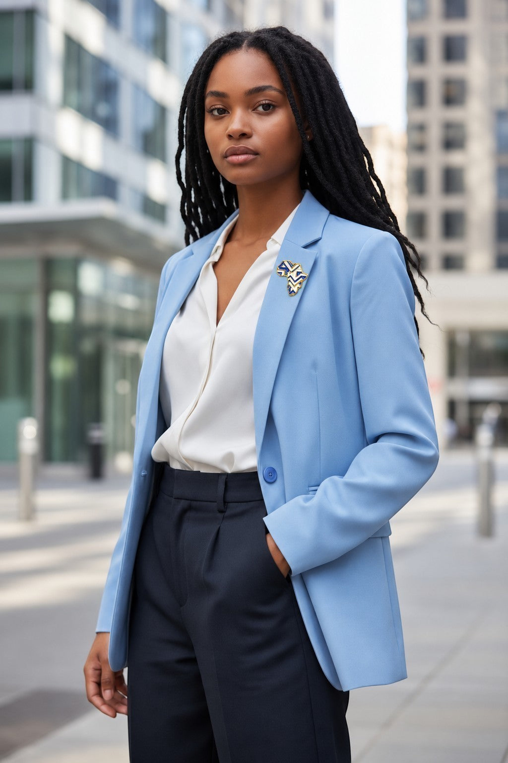 Broche Renaissance Ébène Likolo bleue et dorée portée sur un blazer bleu clair par une femme en milieu urbain