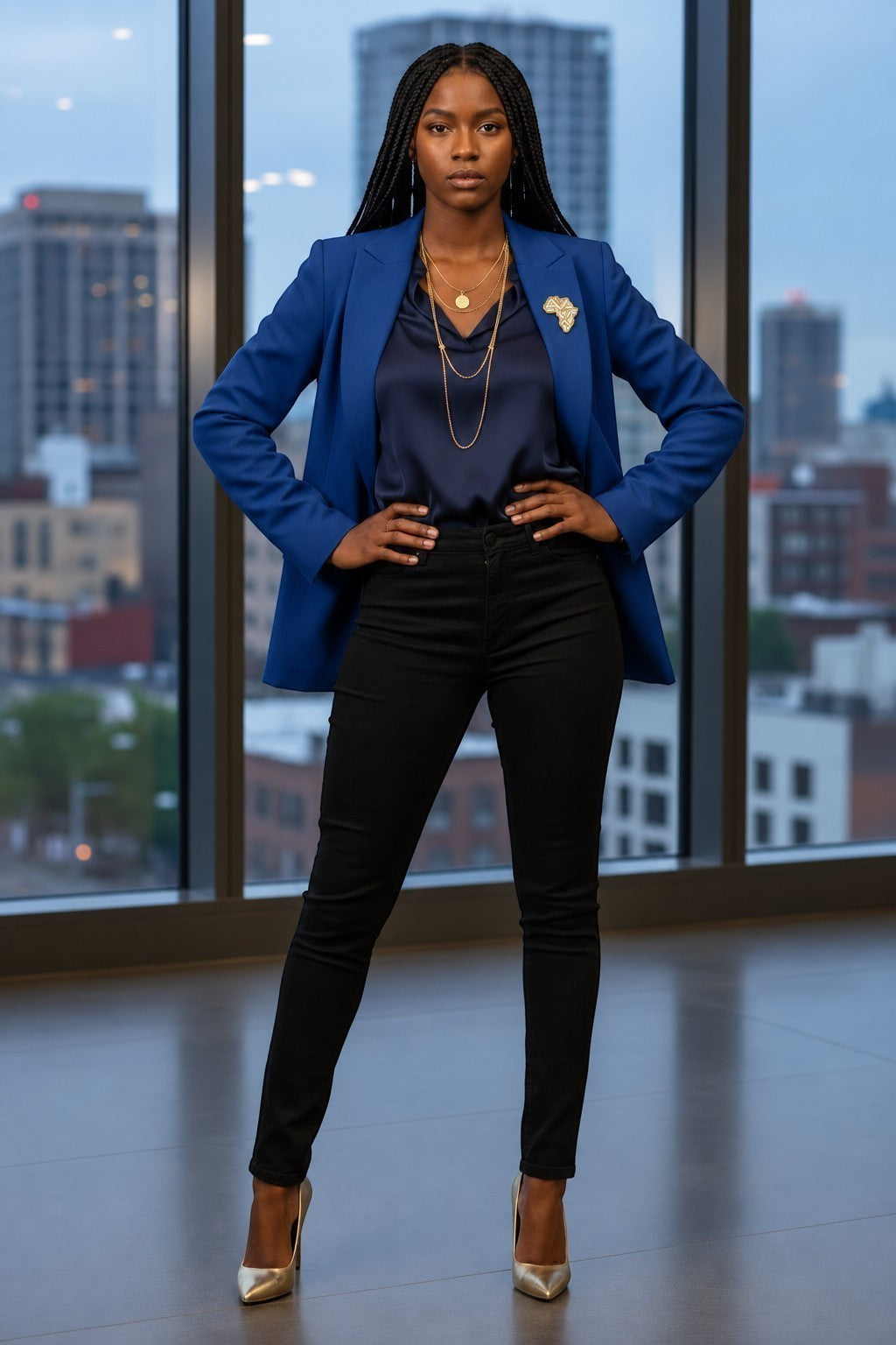 Femme portant la broche Renaissance Ébène Olà dorée et ivoire sur un blazer bleu, symbole d'abondance et de richesse.