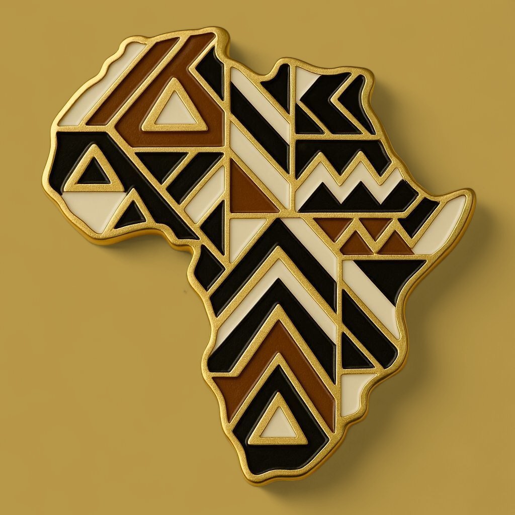 Broche Renaissance Ébène Sankofa en forme de carte d'Afrique avec motifs géométriques noirs, blancs et marron dorés.