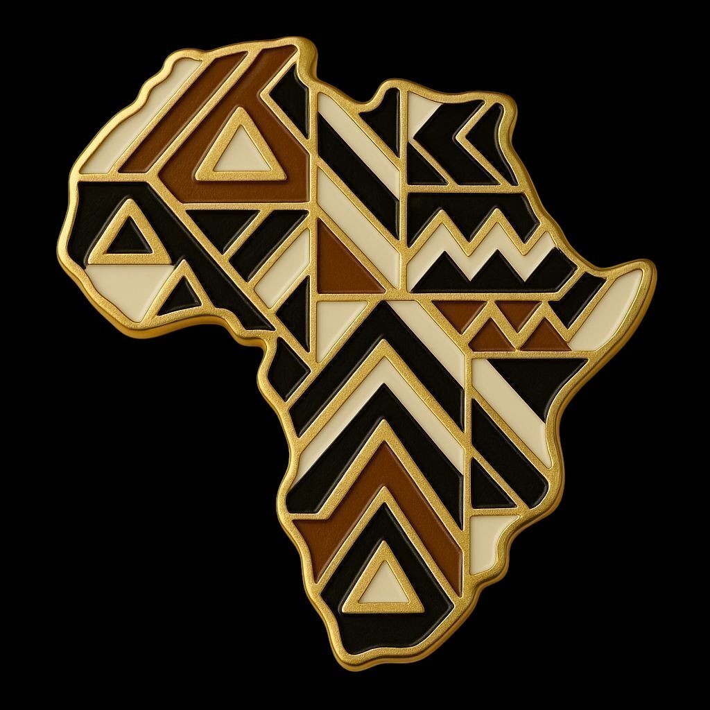 Broche Renaissance Ébène Sankofa en forme de carte d'Afrique avec motifs géométriques noirs, blancs et marron dorés.