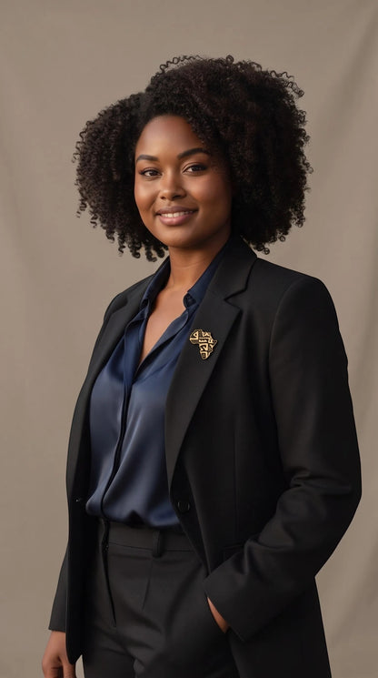 Femme portant la broche dorée Sankofa de Renaissance Ébène en forme de carte d'Afrique sur un blazer noir élégant